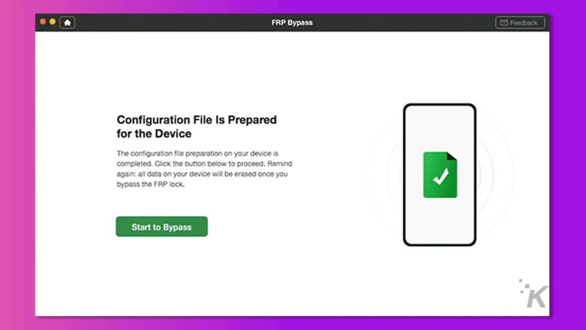 Image of DroidKit program with start bypass in green