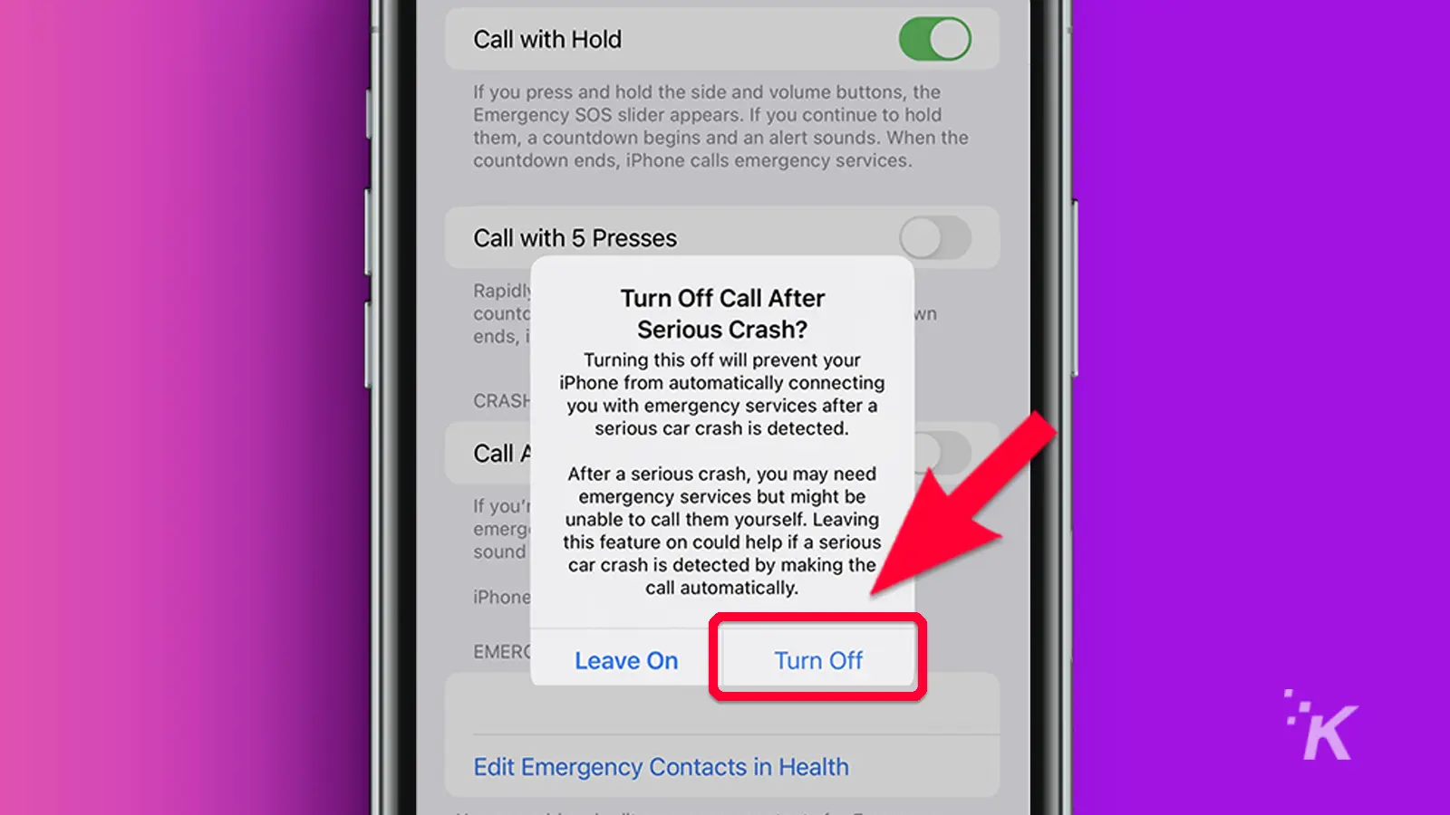 iPhone arrow pointing to turn off crash call