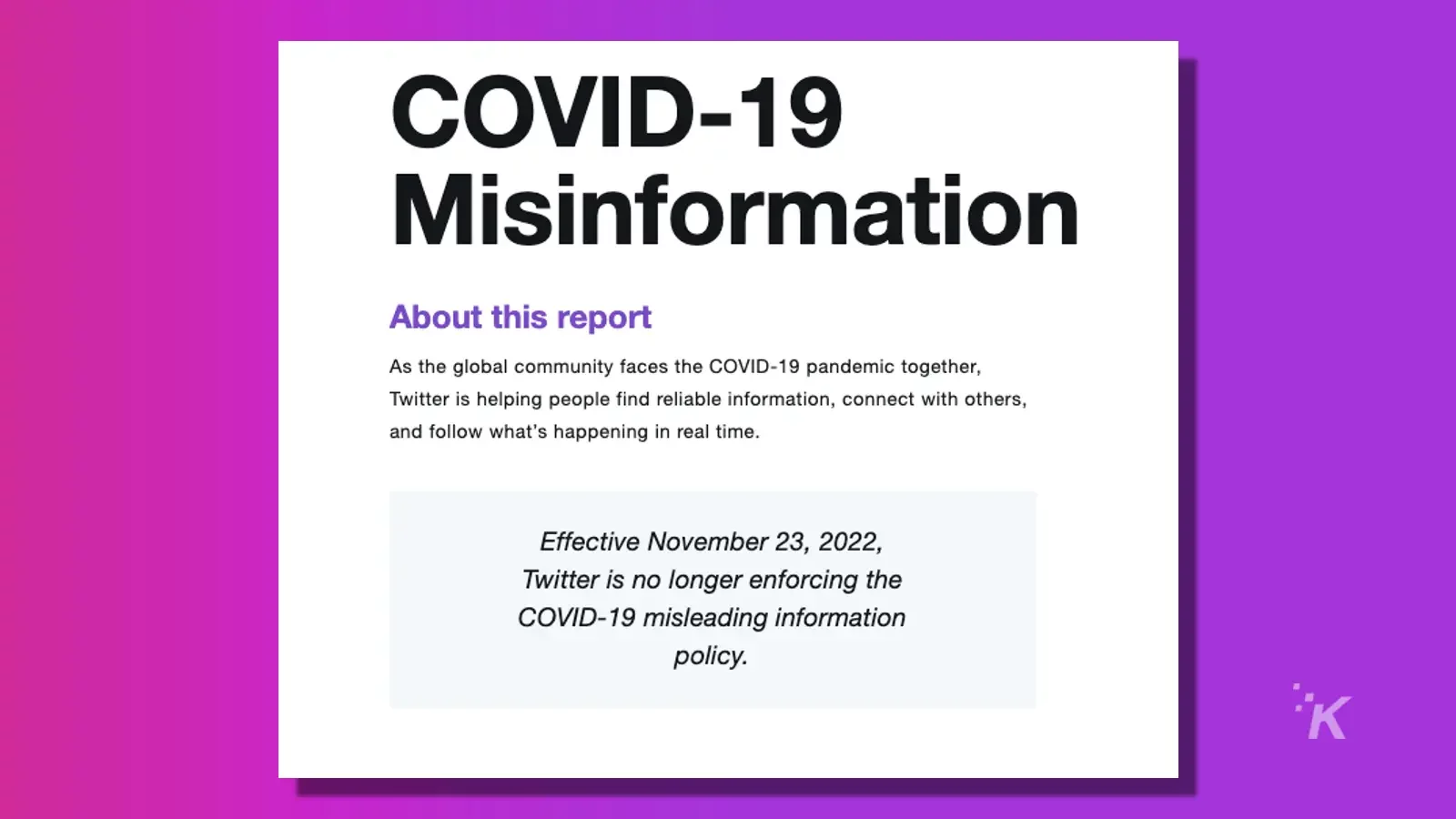 twitter's covid-19 misinformation policy update 2022 on purple background