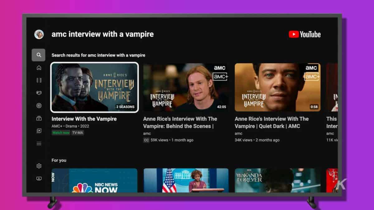 youtube primetime channels interface on tv over a purple background