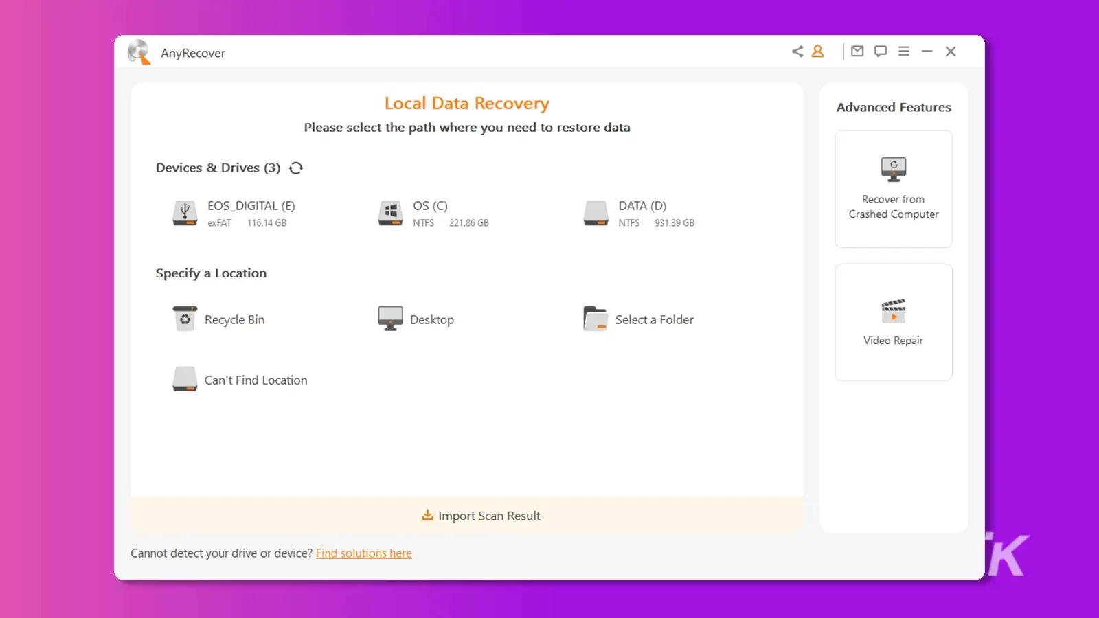 AnyRecovery program interface