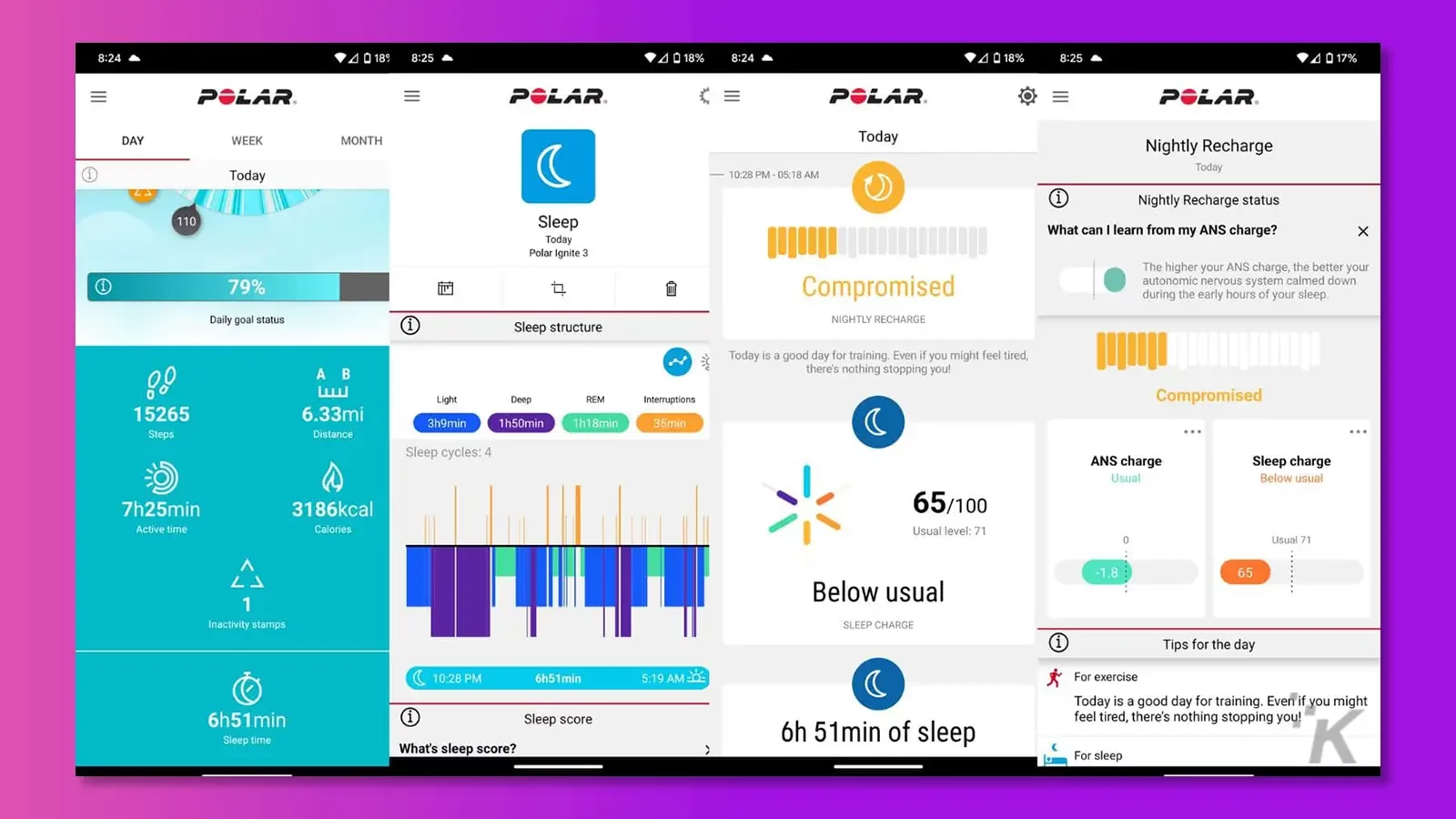 Polar flow app interface on a purple background