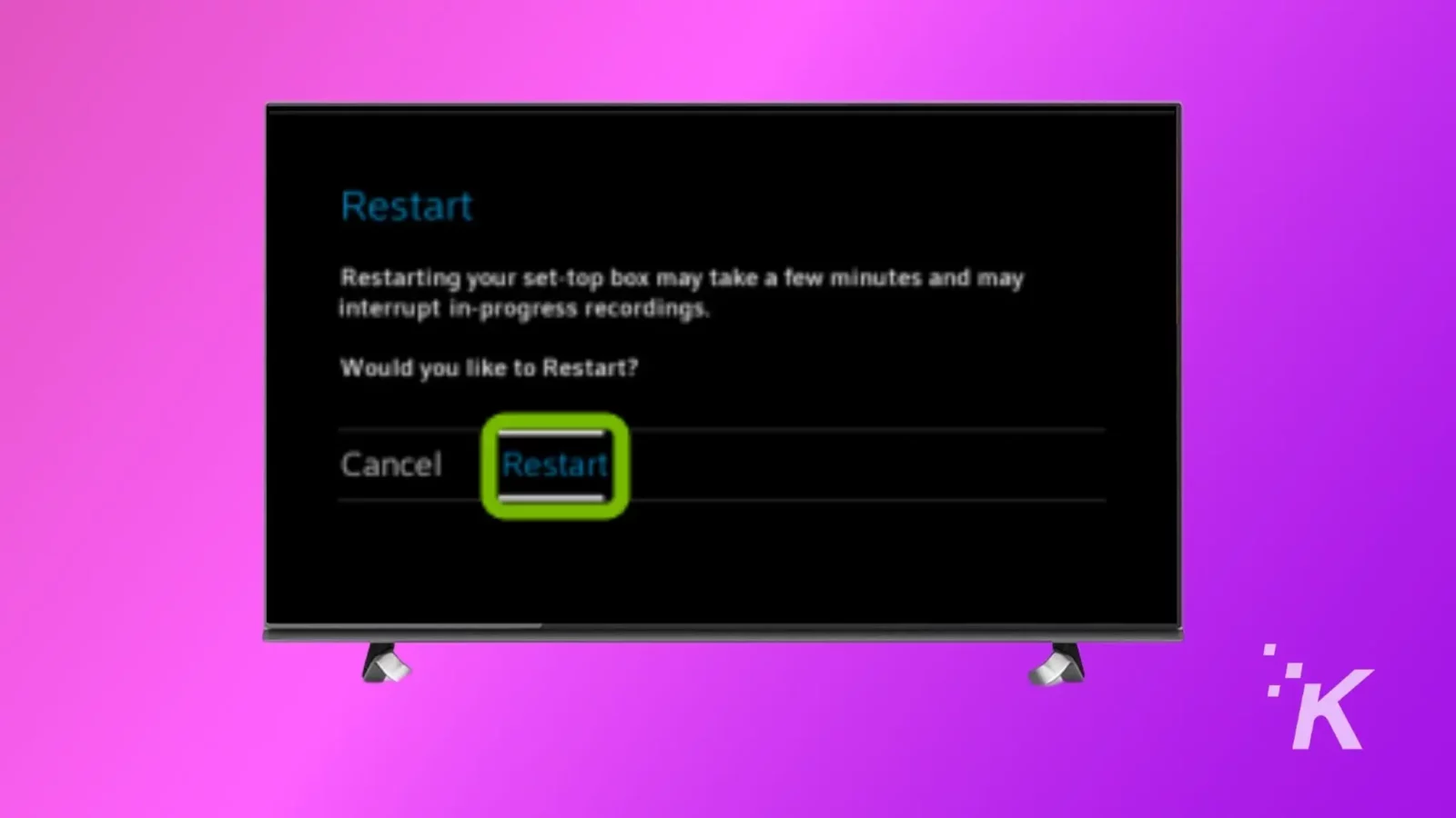 Select restart using comcast remote to confirm on comcast setup box