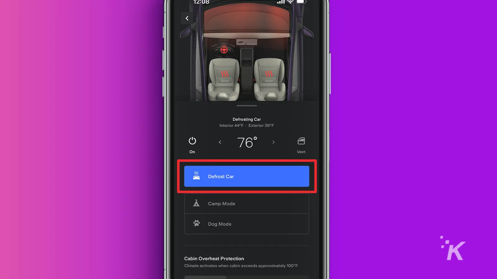 Tesla app with rectangle around Defrost Car tab in iPhone