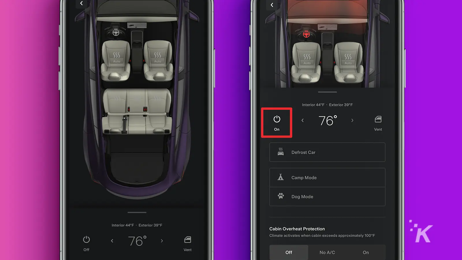 Tesla app showing climate controll on with square around the on tab on iPhone