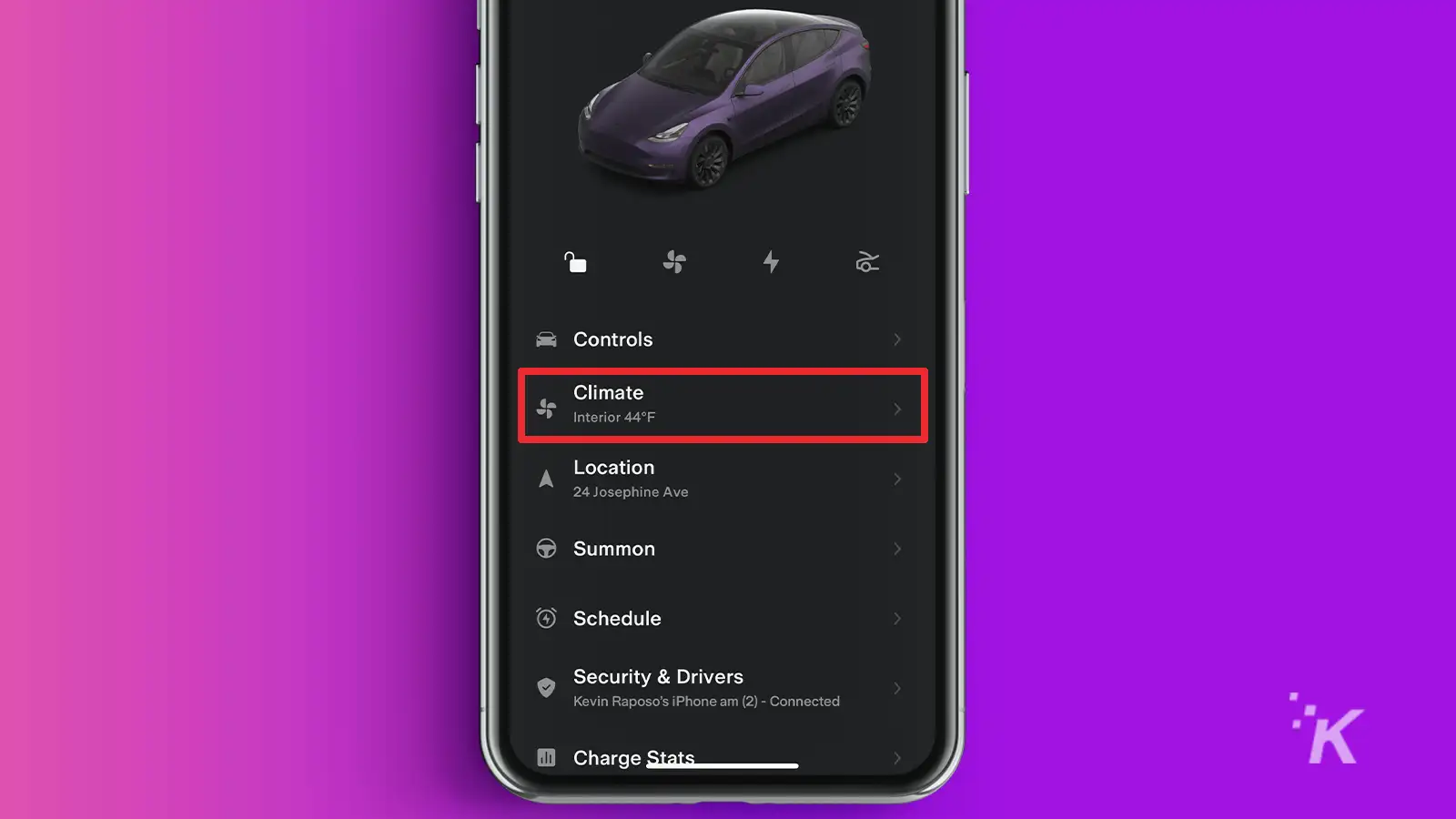 Tesla app in iPhone with rectangle on Climate tab