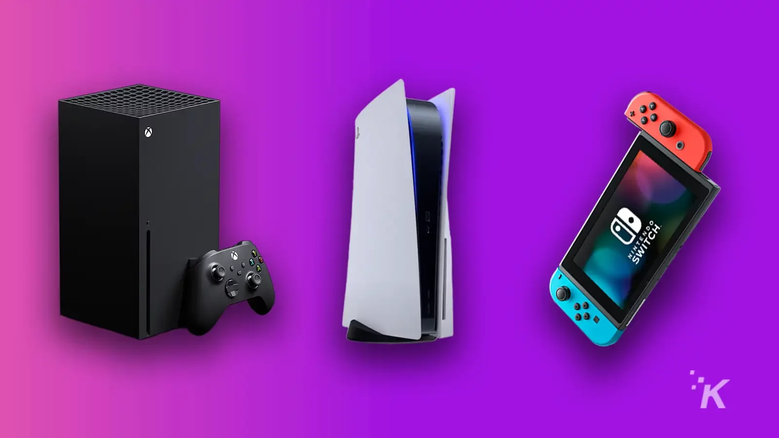 Xbox playstation and nintendo consoles on a purple background