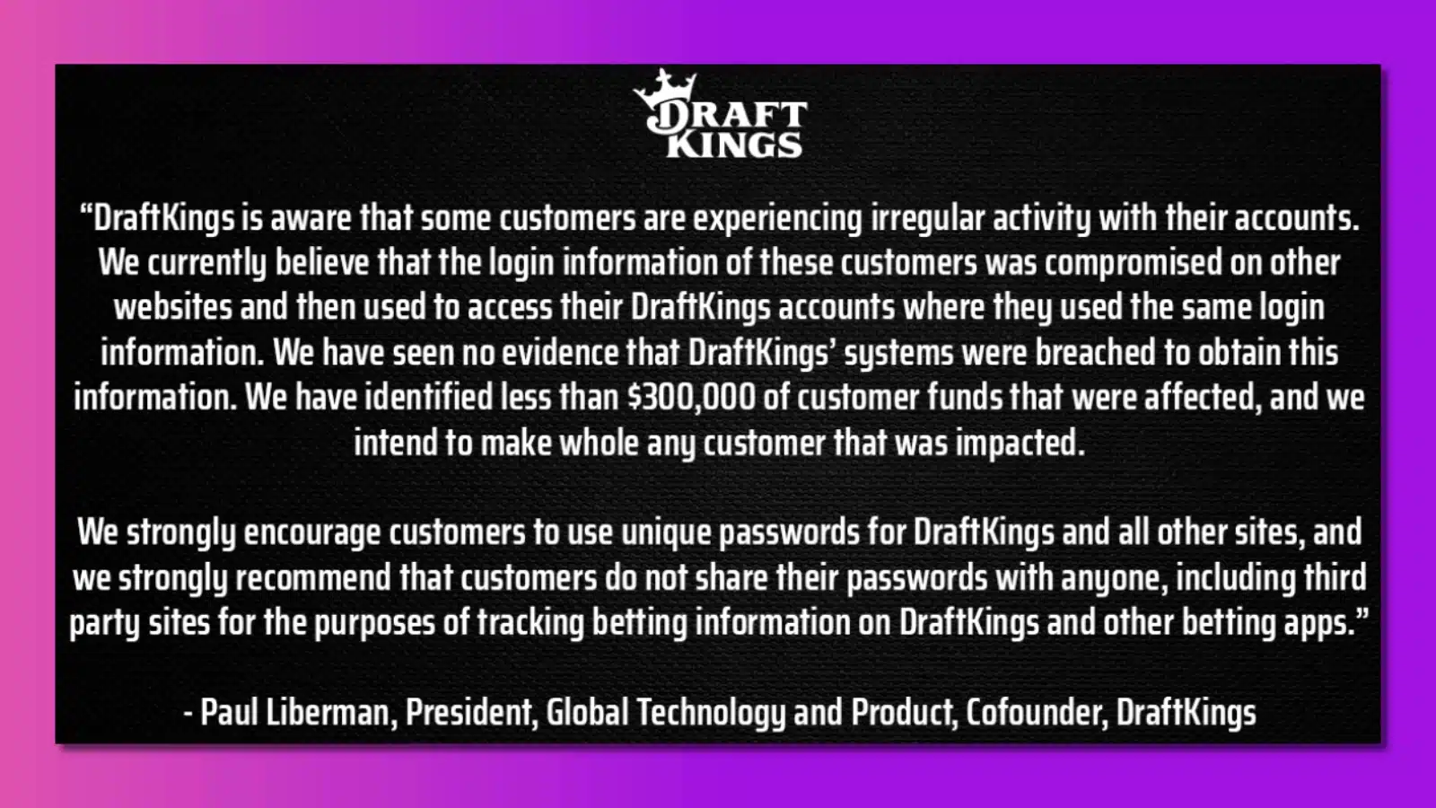 statement from draftkings about recent fraudulent activity