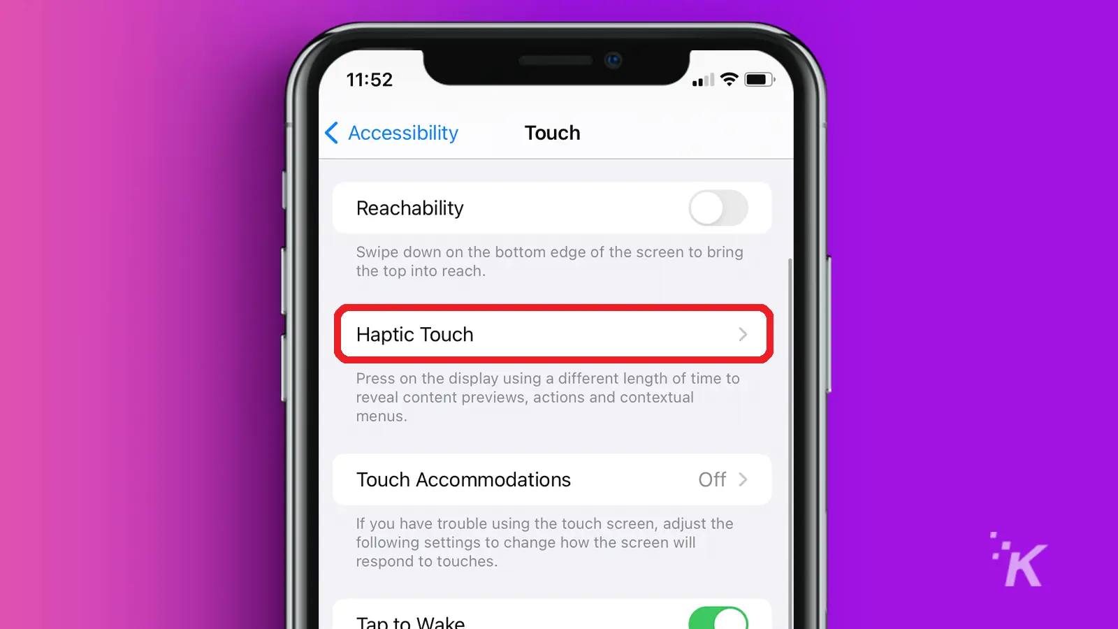 Iphone screen showing haptic touch tab circled red purple background