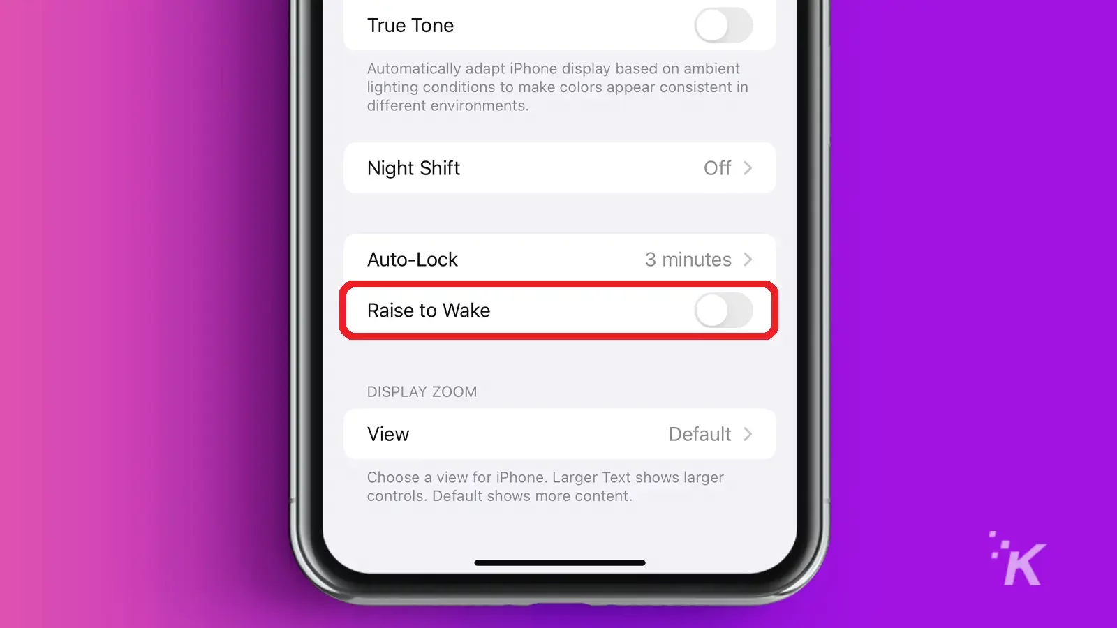 Iphone screen showing raise to wake tab circled in red in purple background