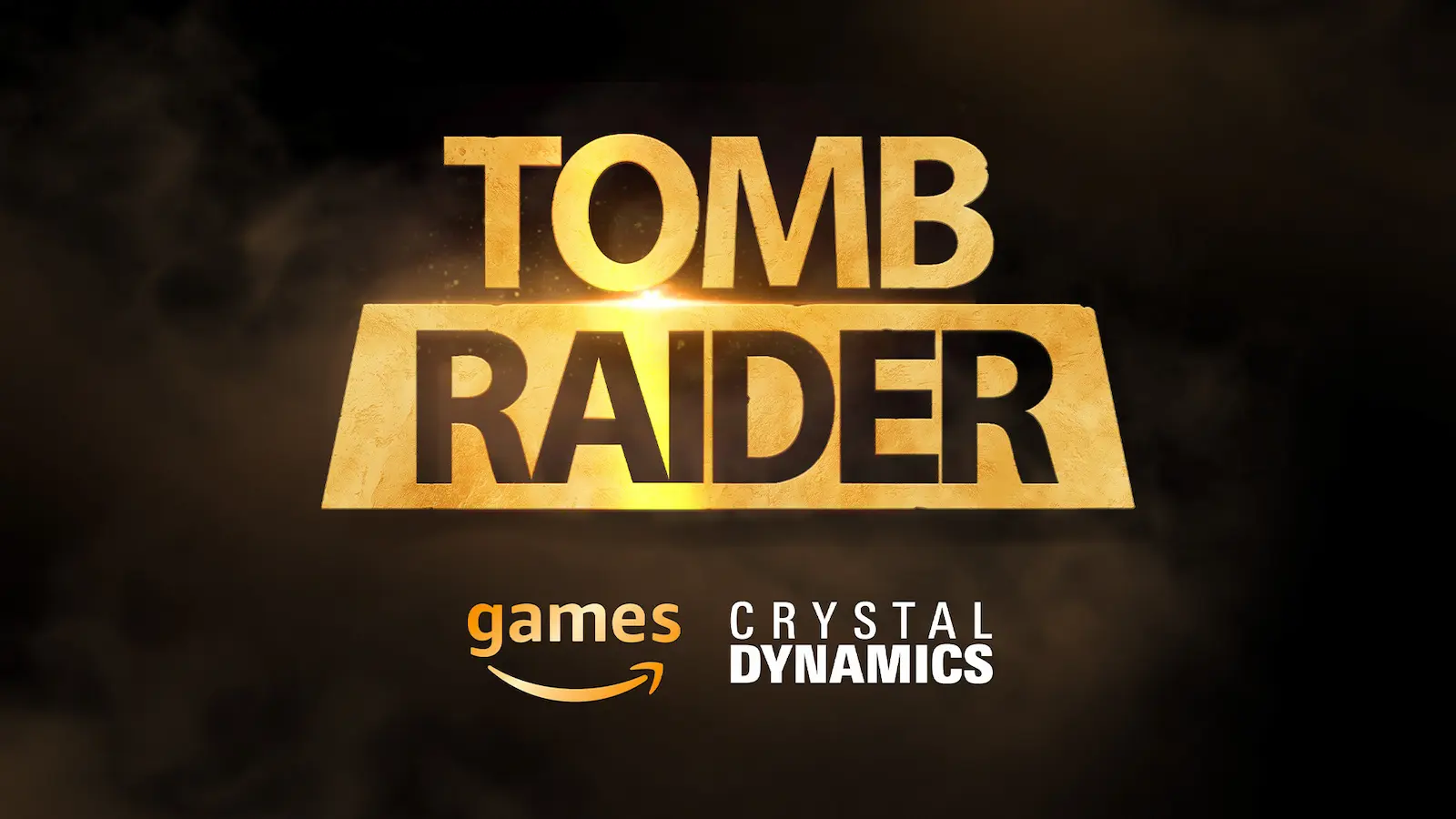 logos of tomb raider, amazon games, and crystal dynamics on dark brown background