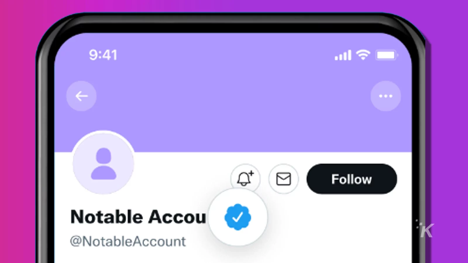 twttier blue verification notable account on a purple background