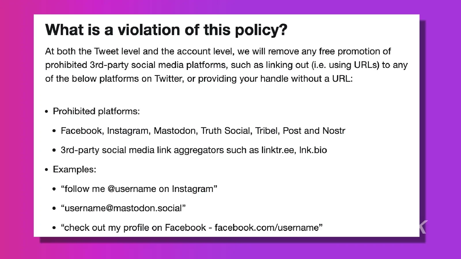 twitter link rules on purple background