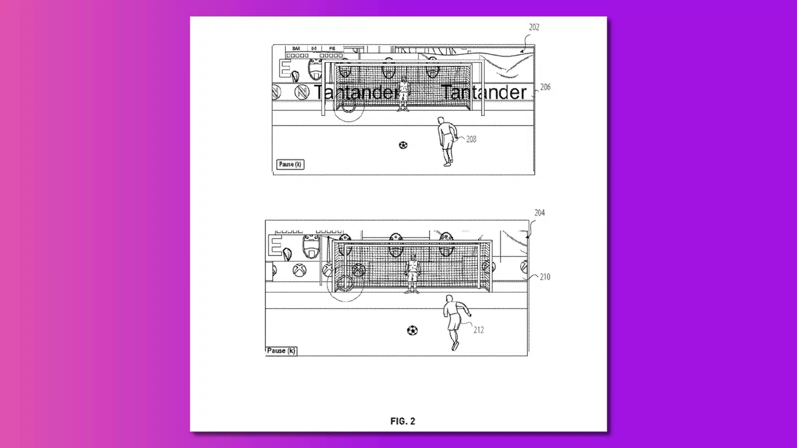 illustration from microsoft patent for in-game advertising that shows it being used on the hoarding around a soccer pitch