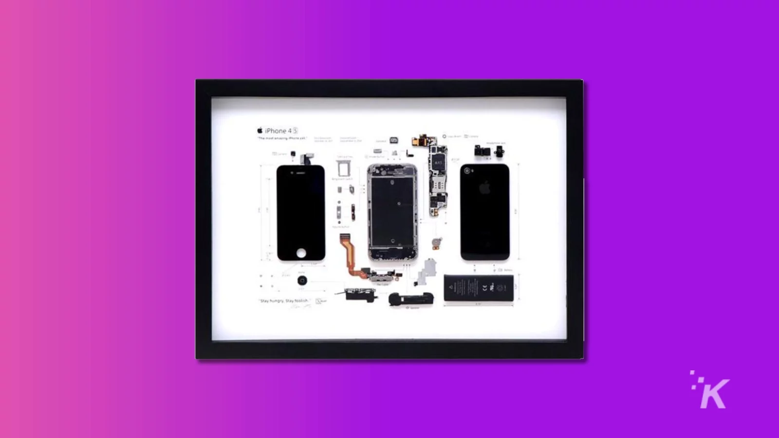 xreart deconstructed tech frame of an iphone 4s on a purple background