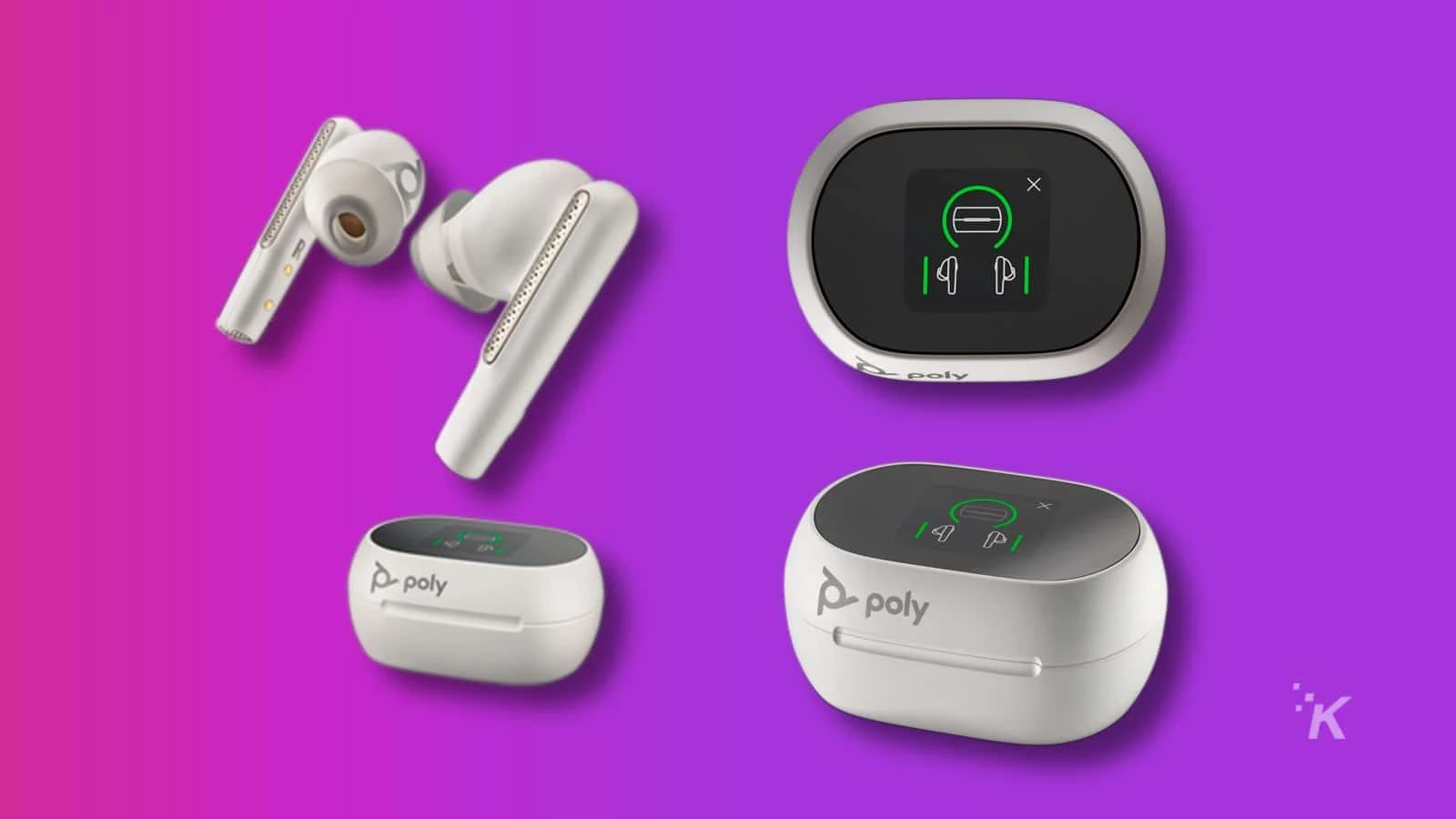 hp poly voyager earbuds on a purple background
