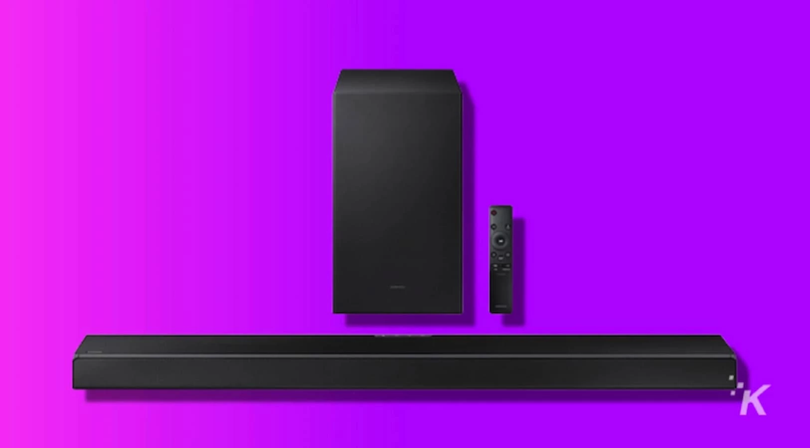 samsung soundbar and subwoofer combo on a purple background