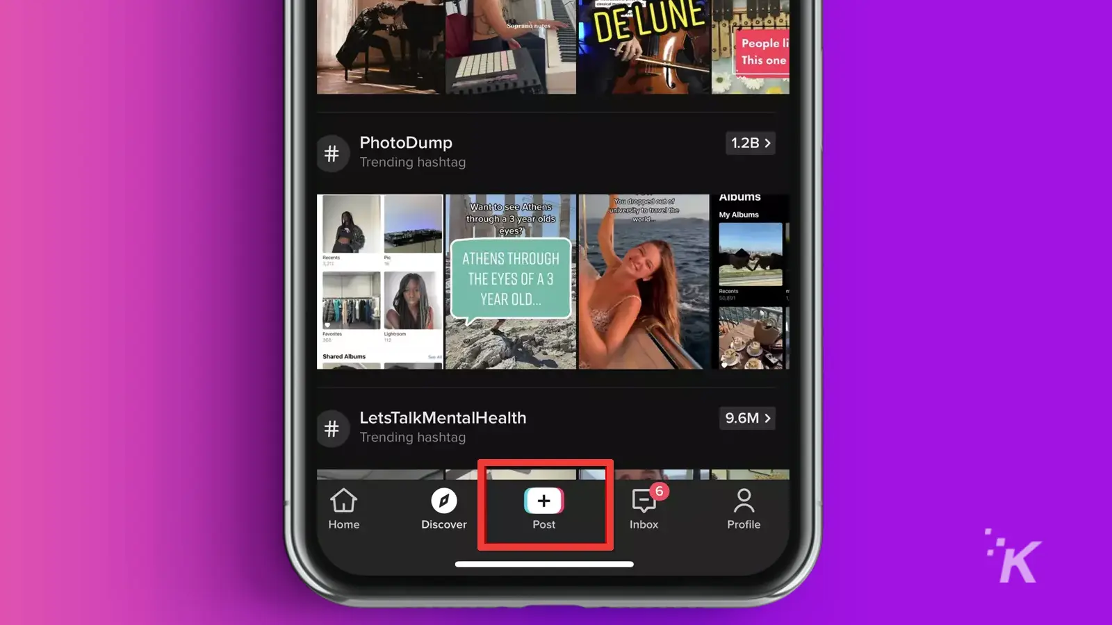 TikTok app opened with red square on the live tab in purple background