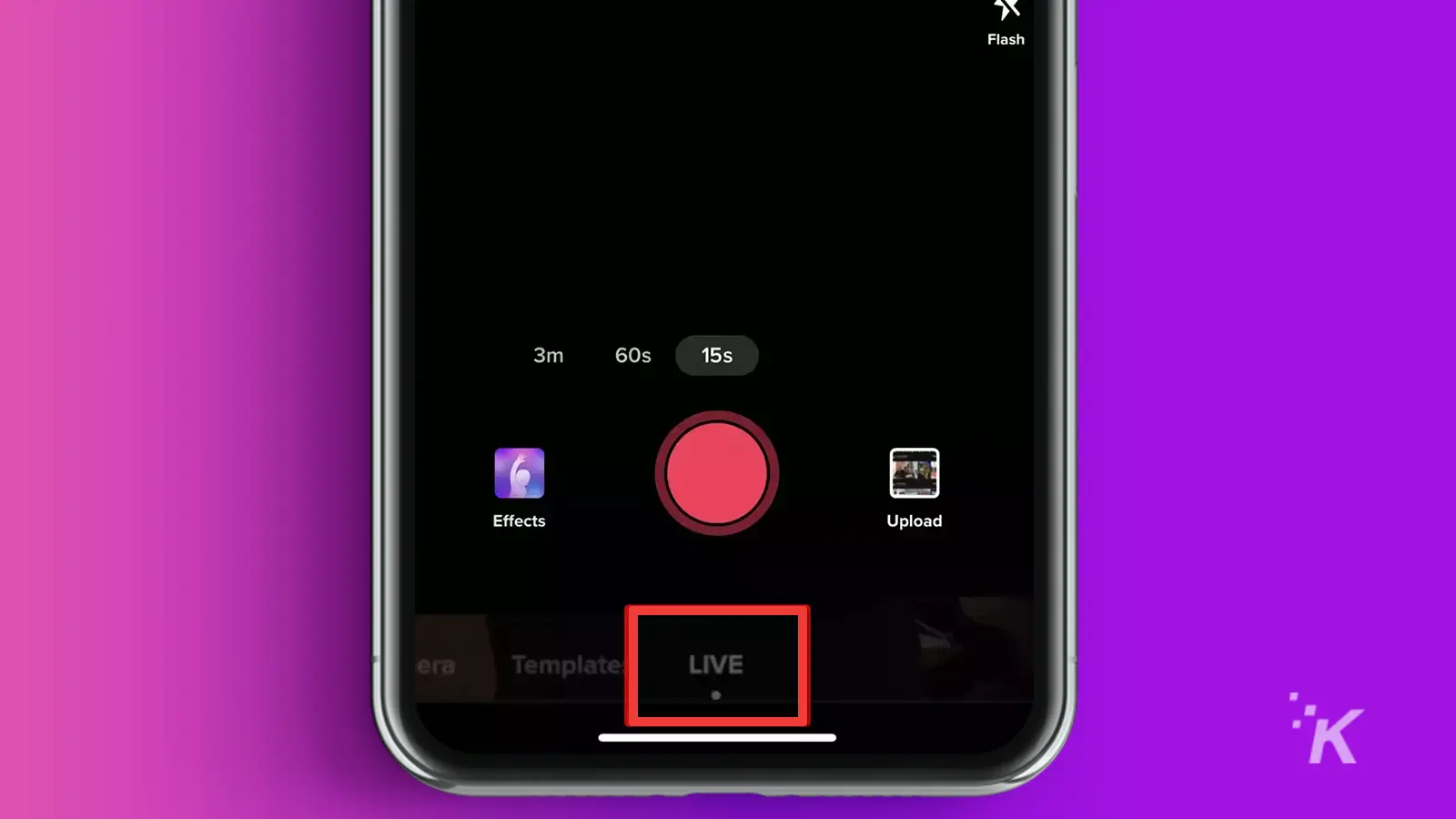 TikTok go live with red square around the live tab in purple background