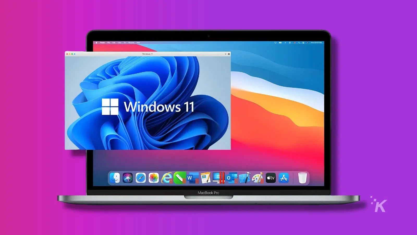 windows 11 paralells on a m1 mac over a purple background