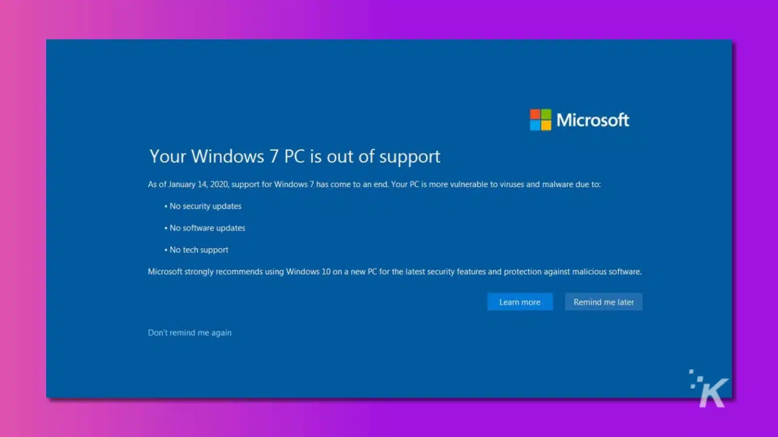 windows 7 error message saying it is out of support