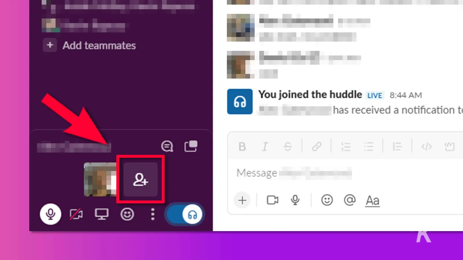 Slack add person to huddle image