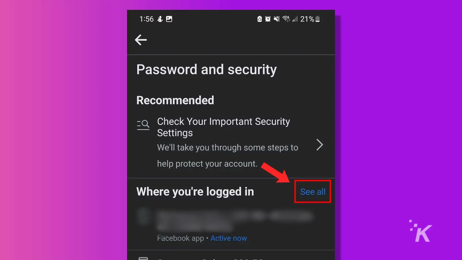 facebook mobile password and security see all devices