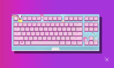 hello kitty limited edition mechanical keyboard on a purple background