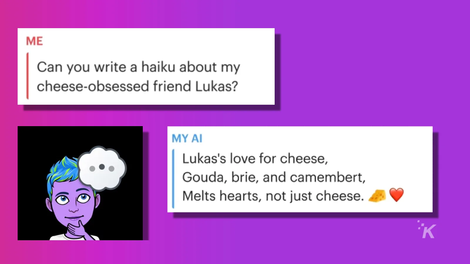 snapchat my ai chatbot messages on a purple background