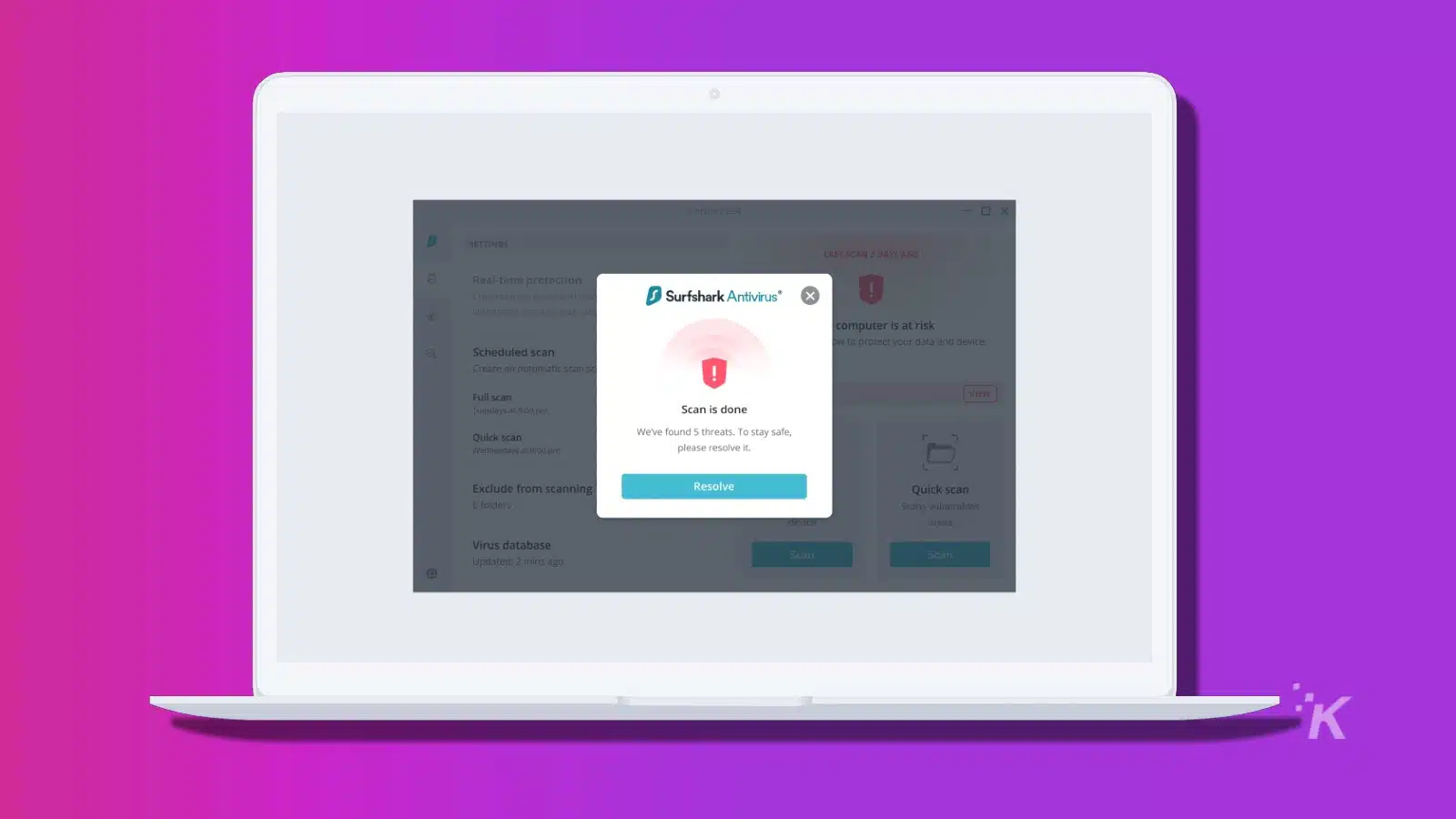 surfshark antivirus on pc on a purple background
