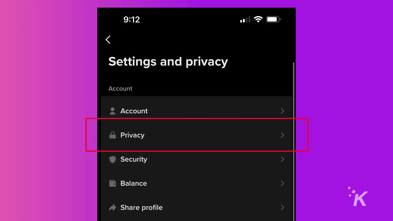 Privacy menu location tiktok