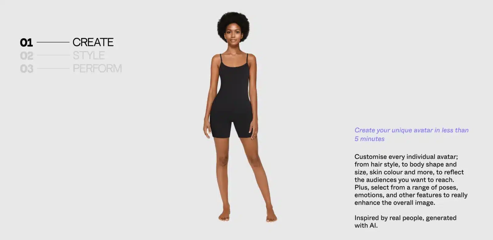 Screenshot from lalaland dot ai's website. A virtual model is shown with the caption "Create your unique avatar in less than 5 minutes" Customize every individual avatar; from hair style, to body shape and size, skin colour and more, to reflect the audiences you want to reach. Plus, select from a range of poses, emotions, and other features to really enhance the overall image. Inspired by real people, generated by AI. 