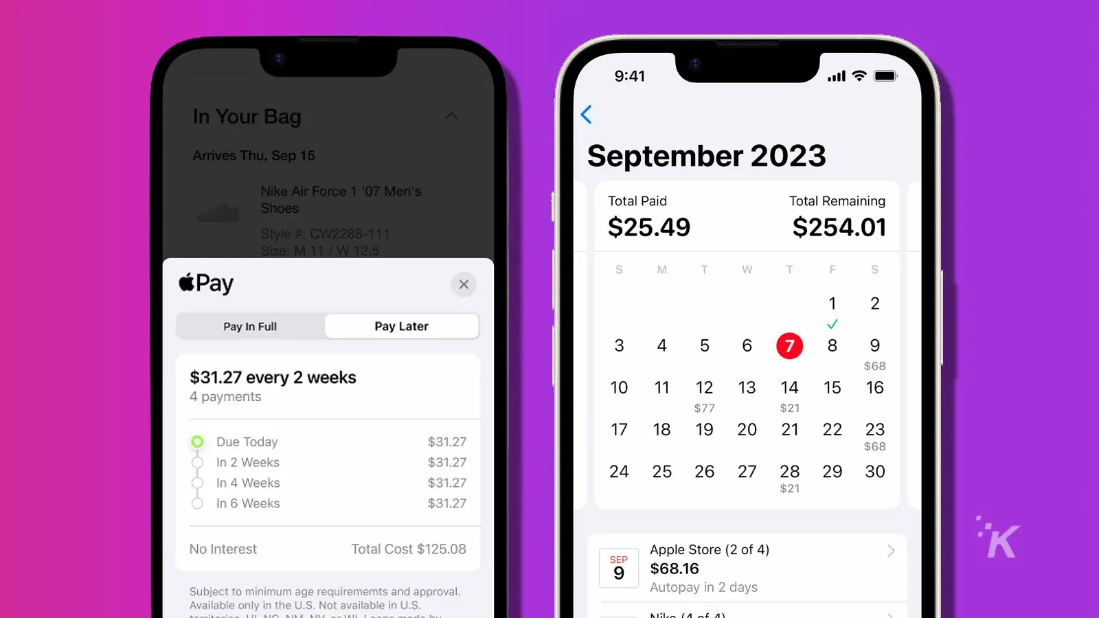 Apple pay later screenshots on a purple background