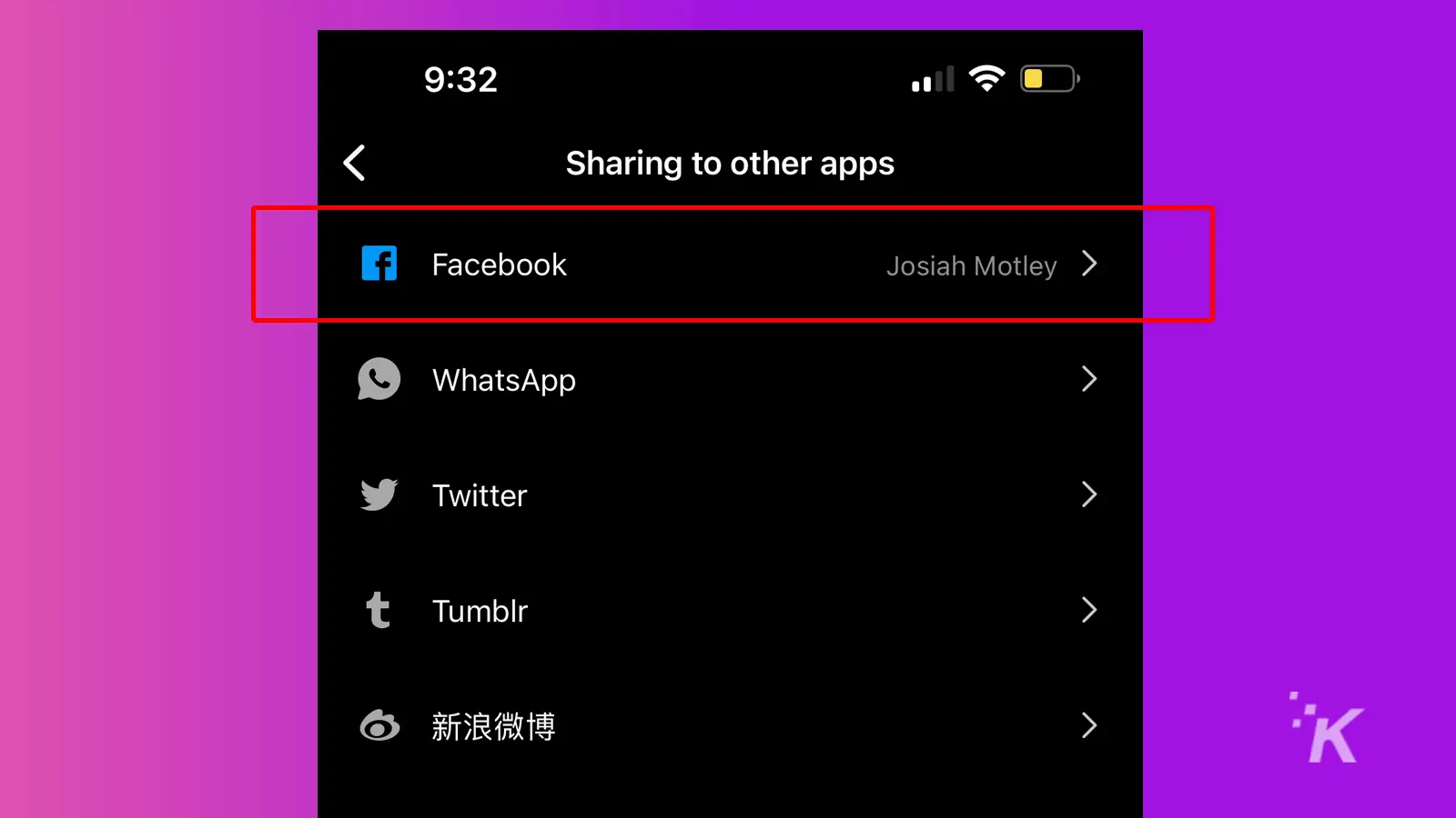 sharing to other apps menu