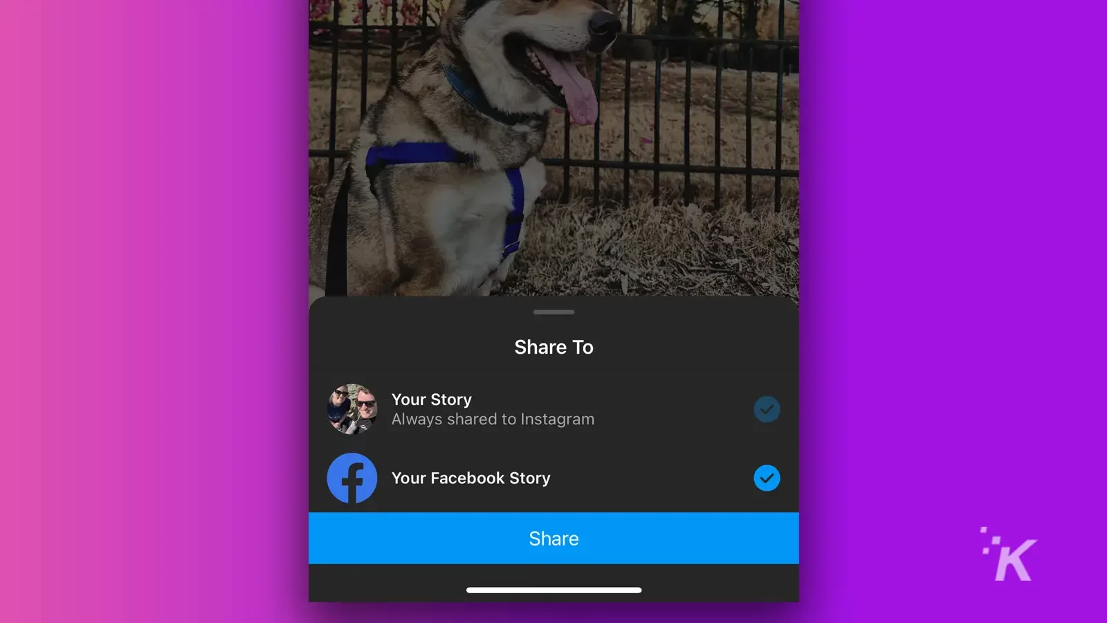 instagram share to facebook screen