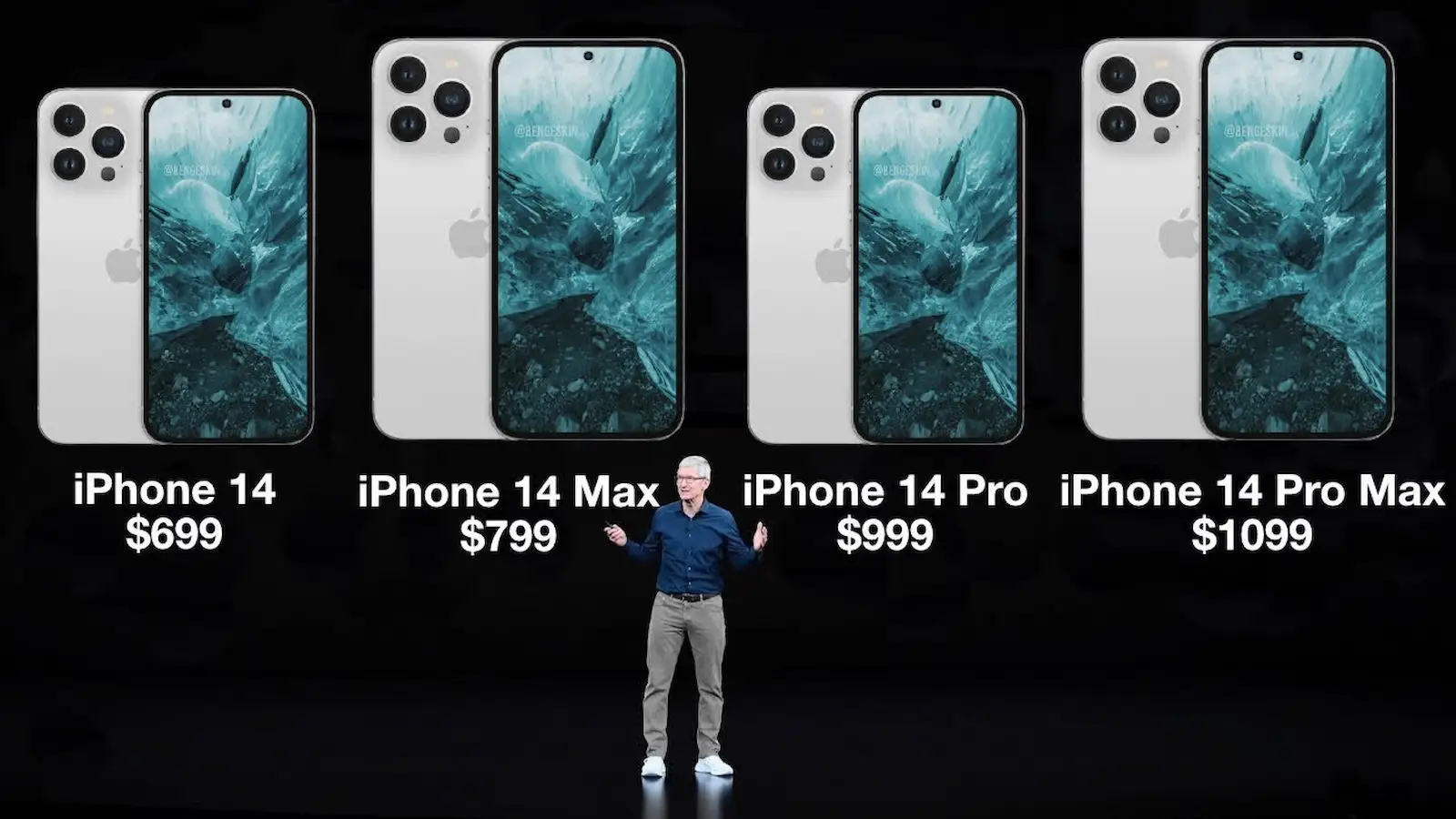 tim cook standing on stage in front of big screen with iphone 14 pricing