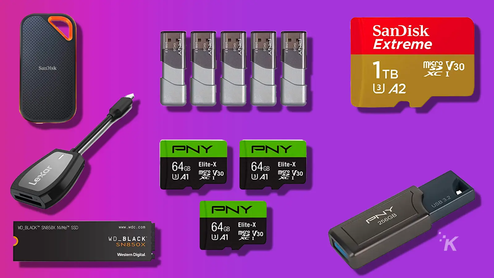 memory products sprawled out over purple background