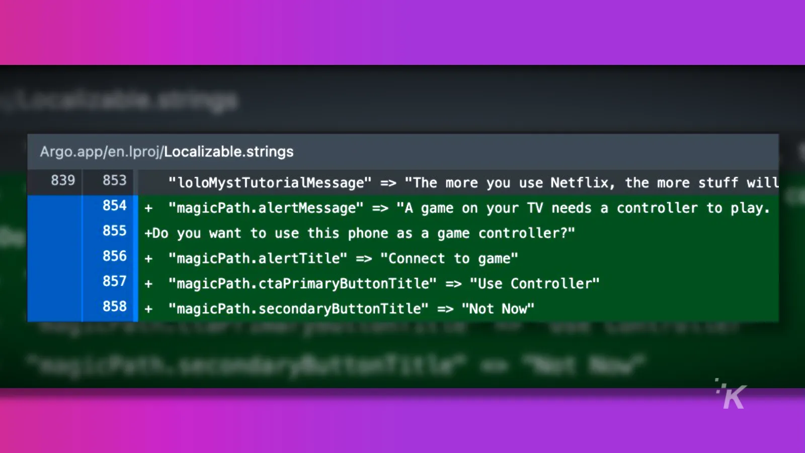 netflix gaming hidden code shows it's coming to TVs. Code is displayed over a purple background