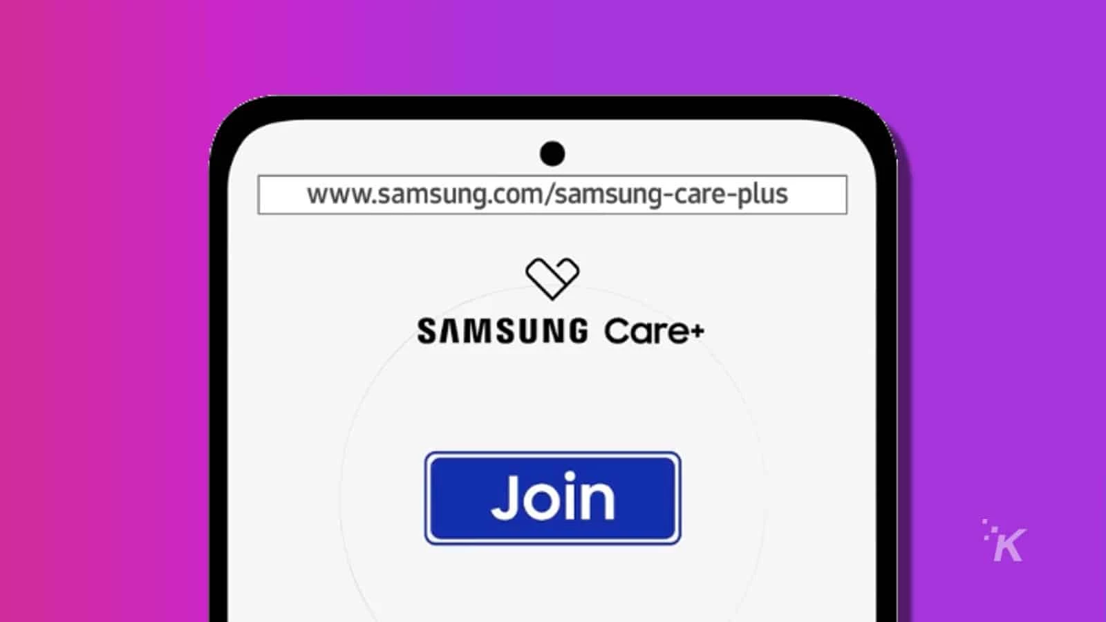 samsung care plus logo on a smartphone over a purple background