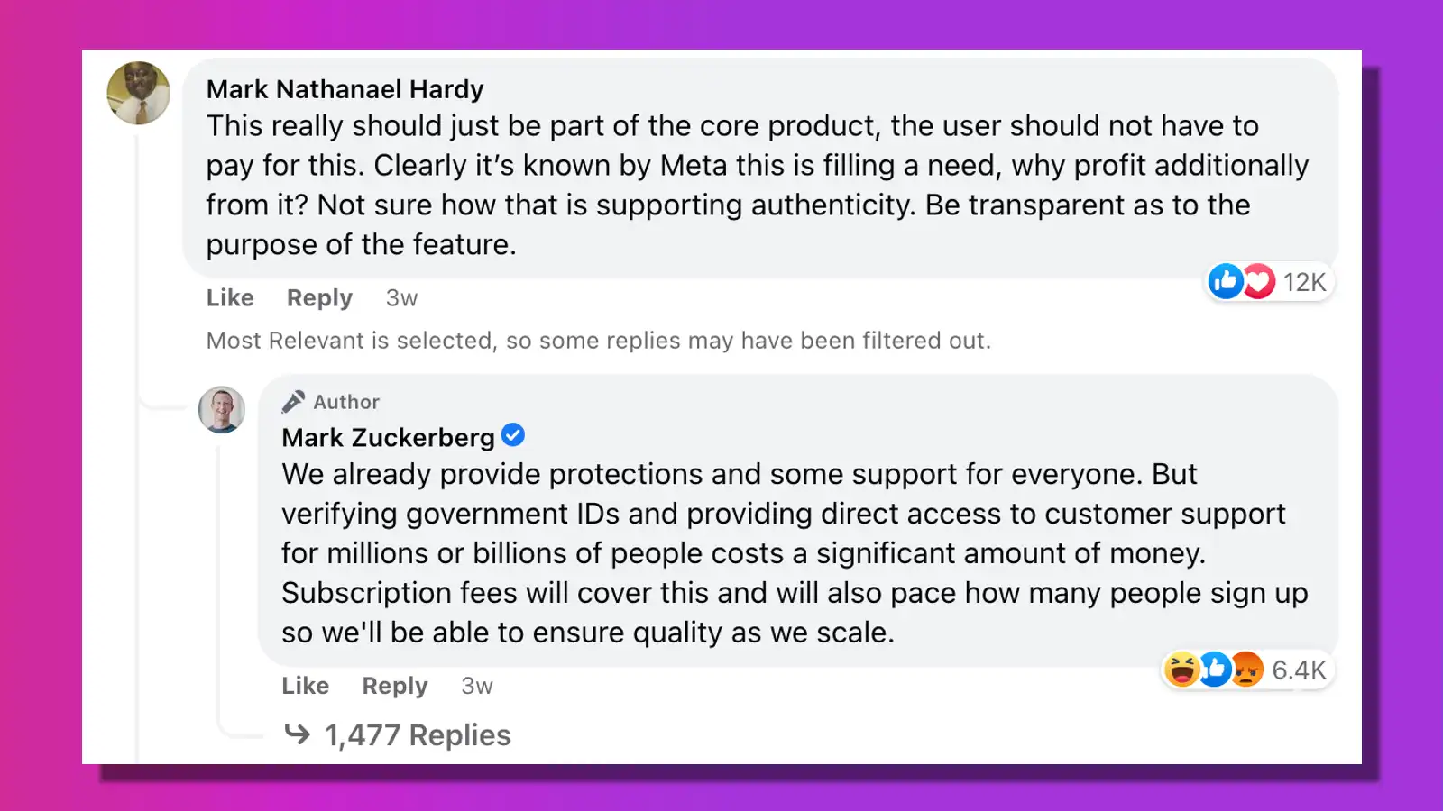 mark zuckerberg responding to a comment criticizing meta's decision to profit for basic things like customer support access 