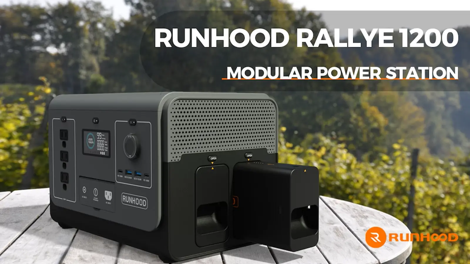 RUNHOOD Rallye 1200 modular power station outdoor on top of a table