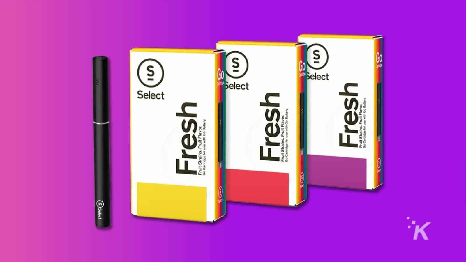 This image is advertising a selection of fresh fruit-flavored cartridges for use with a Go Battery. Full Text: S Select S Select S Fresh Fruit Strains. Fruit Flavor. Go Cartridge for use with Go Battery GO Select Fresh Fruit Strains. Fruit Flavor. Go Cartridge for use with Go Battery toSelect 18 S Fresh Fruit Strains. Fruit Flavor. for use with Go Battery Go Cartridge for use w GO *K