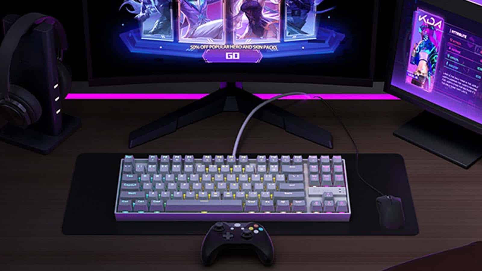 A keyboard and mouse sit on the desk.