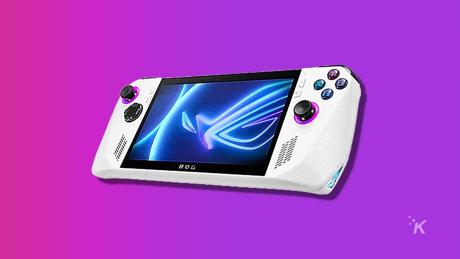 A purple ROG K smartphone with a multimedia display device is actively displaying a screenshot of a video game console and a handheld game console on its screen.