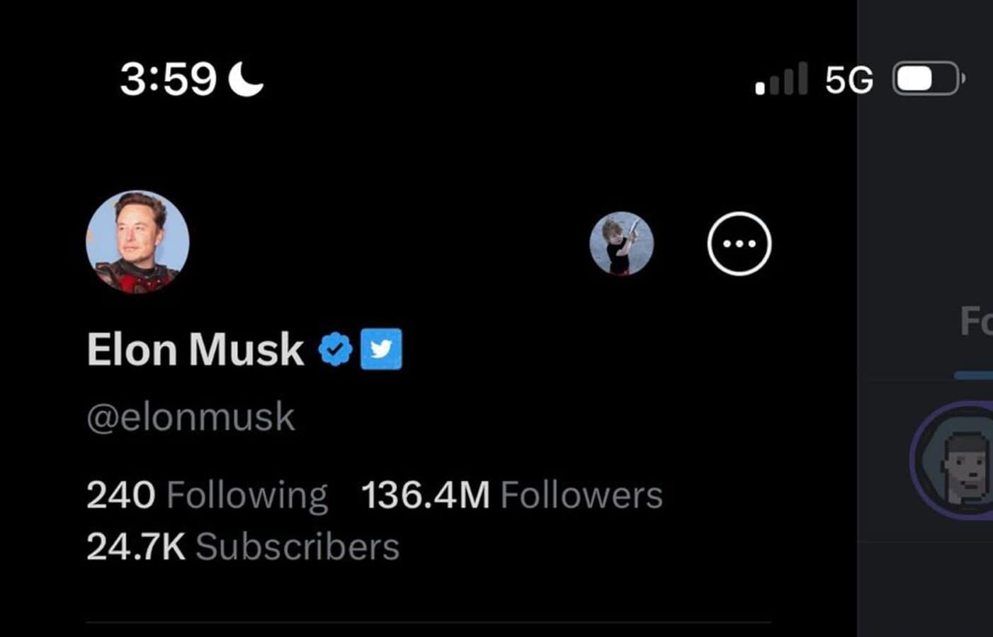 Elon Musk is a prominent figure on Twitter, with over 136 million followers, 24.7K subscribers and a current time of 3:59. Full Text: 3:59 .Il 5G D Elon Musk F @elonmusk 240 Following 136.4M Followers 24.7K Subscribers