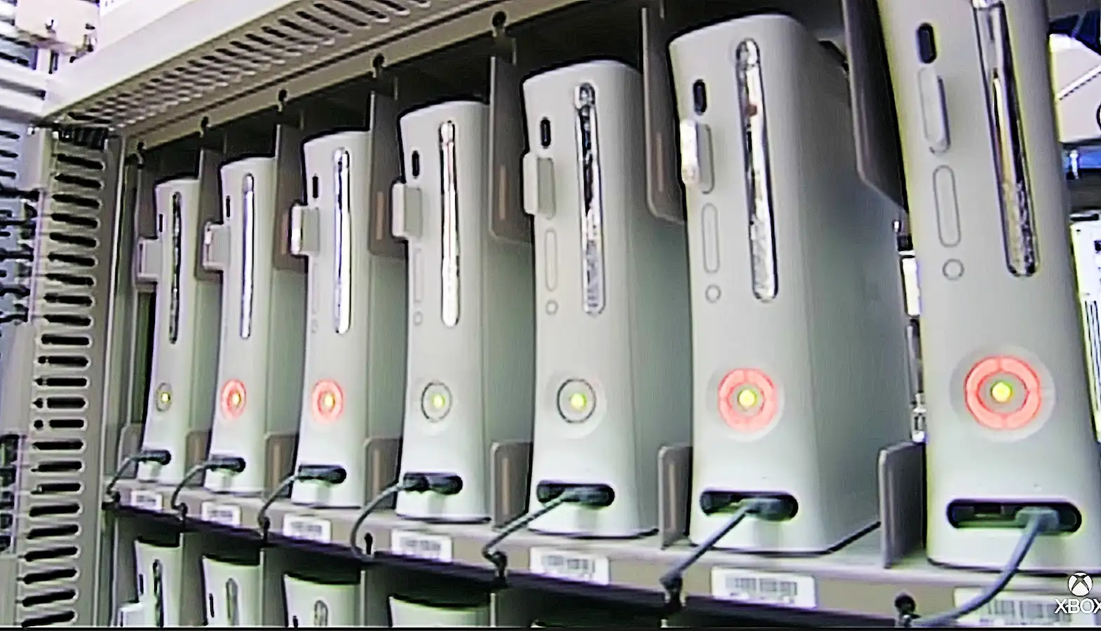 a row of xbox 360s in a lab soemwhere being tested for the red ring of deatch