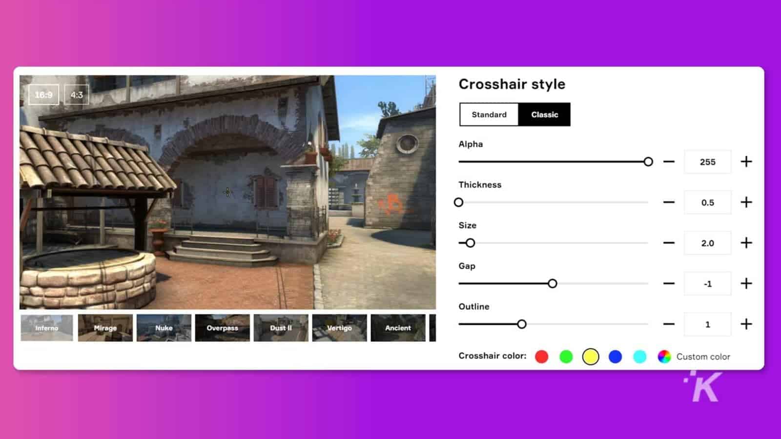 The image is showing a custom crosshair with a 16:9 ratio, 4. 3 standard classic alpha, 255 thickness, 2. 0 size, -1 gap, 1 outline, and inferno mirage nuke overpass dust ii vertigo ancient colors. Full text: crosshair style 16:9 4. 3 standard classic alpha o - 255 + thickness - 0. 5 + size -o - 2. 0 + gap o - -1 + outline o - 1 + mirage nuke overpass dust ii vertigo ancient crosshair color: custom color k