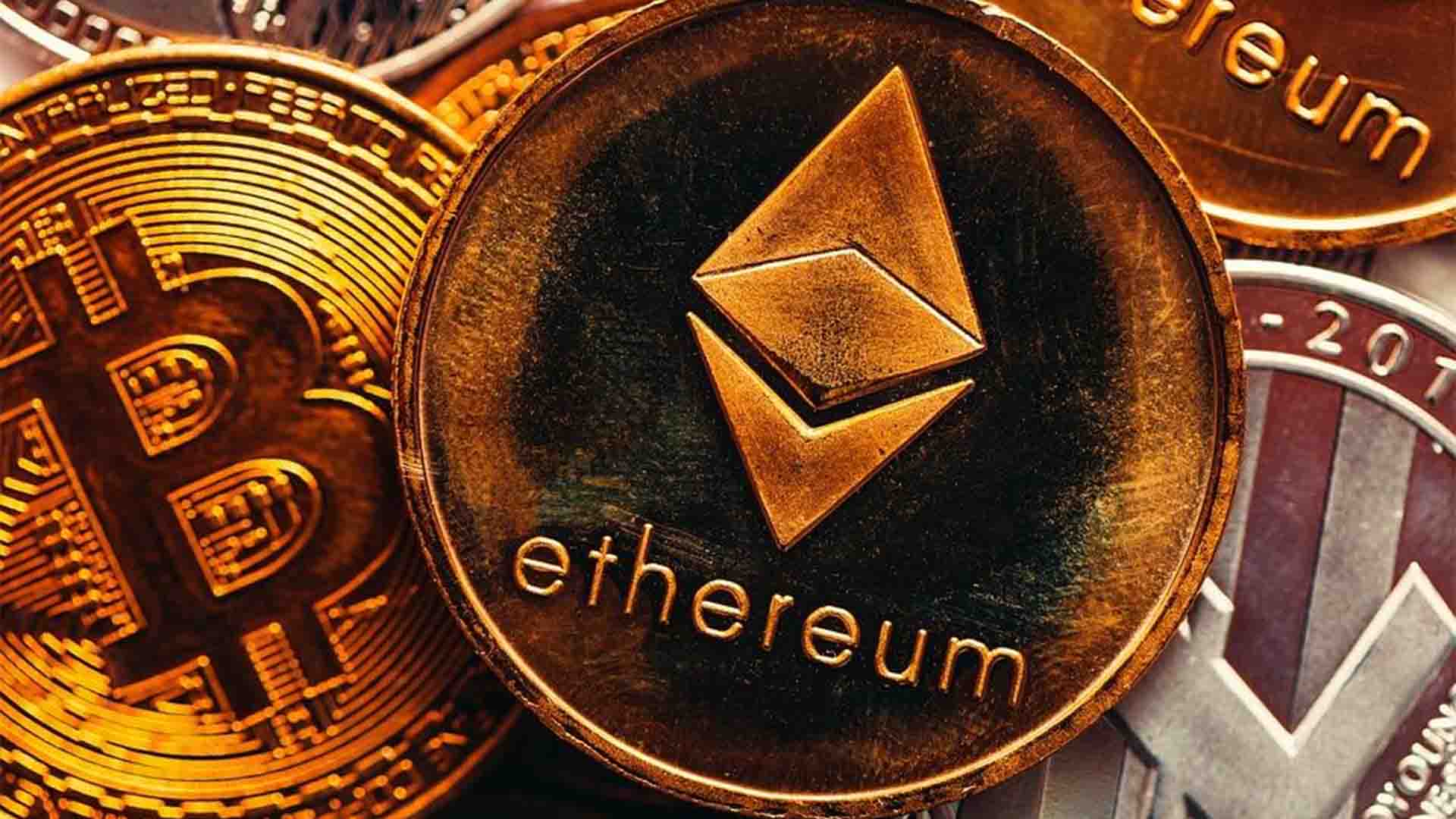 A bronze coin with an emblem of gold, brass, and copper is being handled with cash and currency, minting 20 Ethereum.