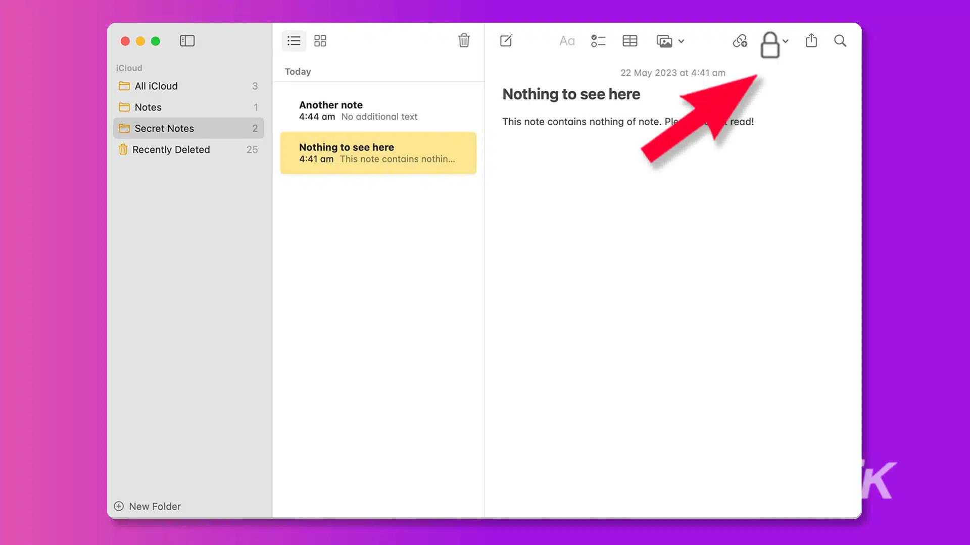 This image is showing notes and folders that have been created in an iCloud account on the date and time specified. Full Text: : 88 iCloud Today 22 May 2023 at 4:41 All iCloud 3 Nothing to see here Notes 1 Another note 4:44 No additional text Secret Notes 2 This note contains nothing of note. Ple read! Recently Deleted 25 Nothing to see here 4:41 This note contains nothin ... K New Folder