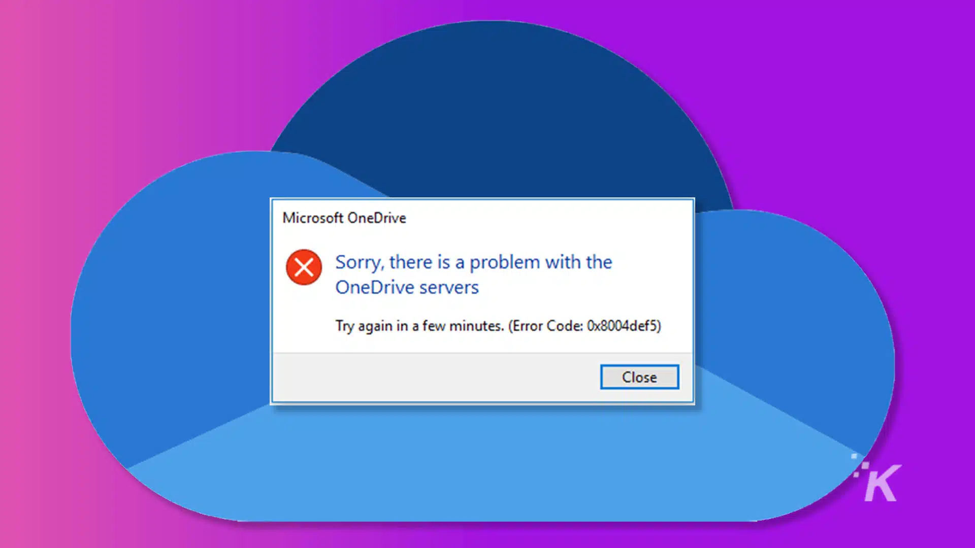 OneDrive logo with an error message screen in a purple background